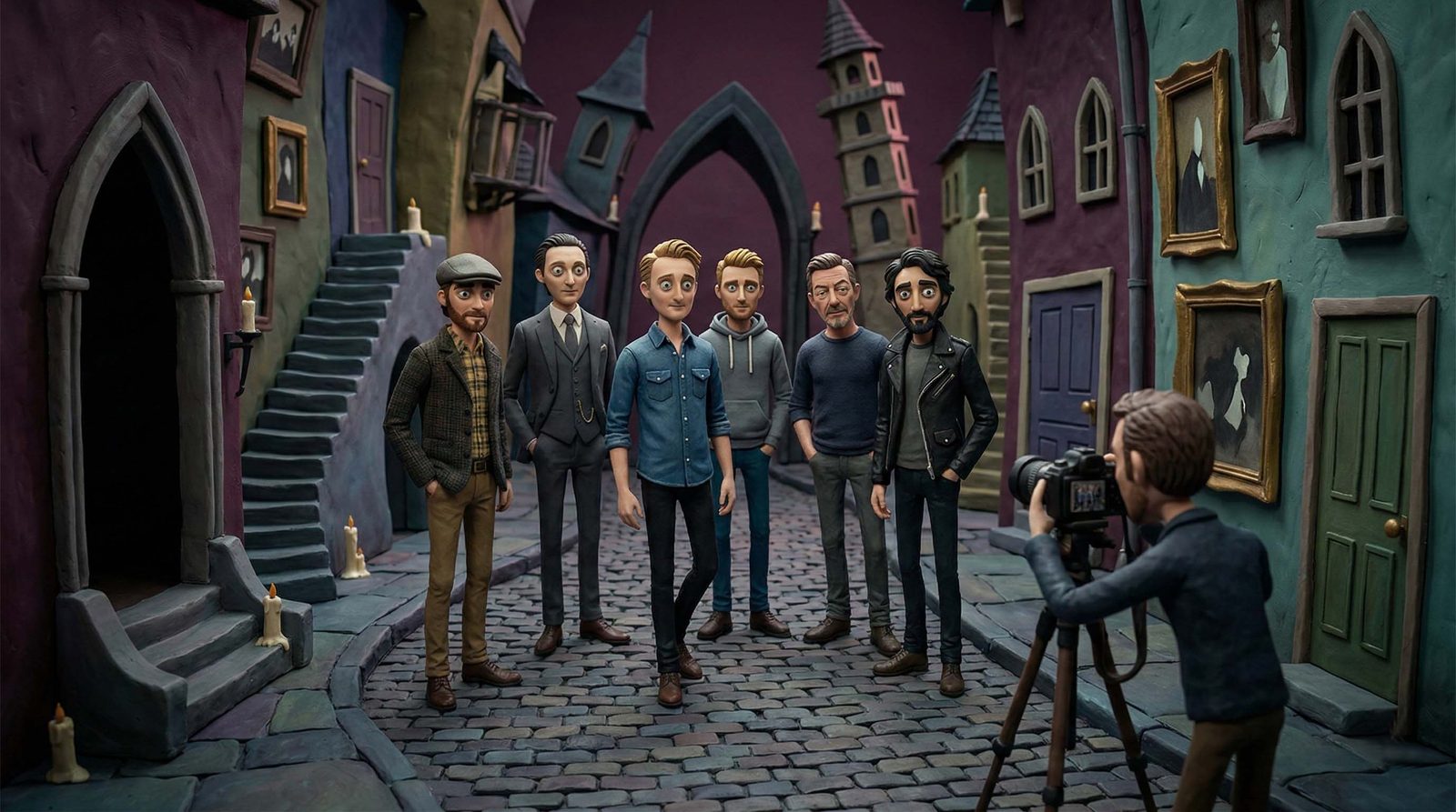 Claymation version of the six band members on a crooked cobblestone street with gothic arches and candles.