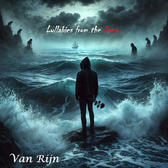 Lullabies from the Deep cover: a hooded figure on a rock faces crashing waves, a ship on the horizon.