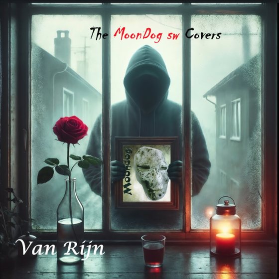 The MoonDog sw Covers cover: a hooded figure behind a rainy window holds a framed Moondog record.