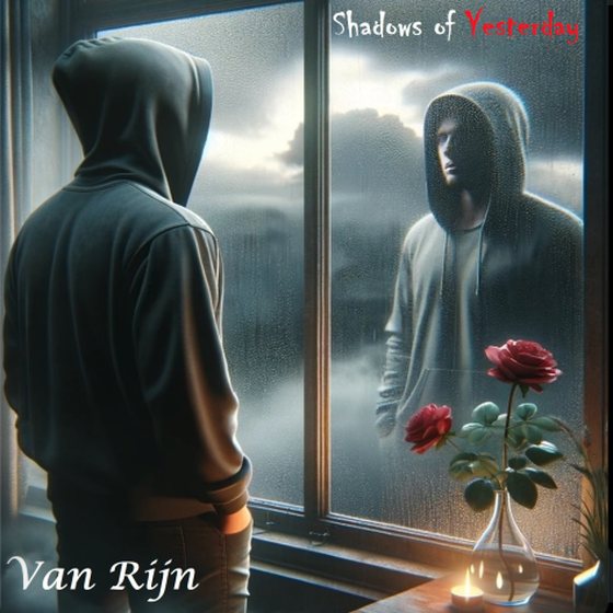 Shadows of Yesterday cover: a hooded man faces his own reflection in a rain-streaked window beside a rose in a vase.