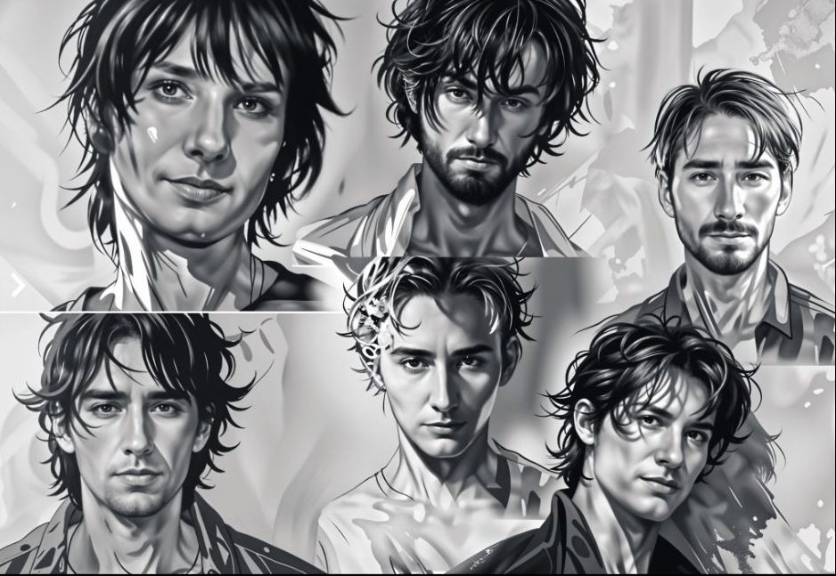 Six black and white charcoal-style portrait sketches of the band members.
